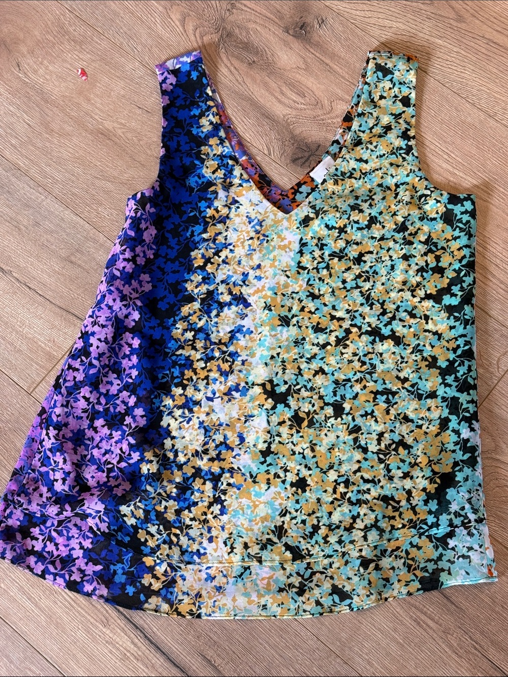 CAbi xs Floral Split-Color V-Neck Tank Top - Blue/Teal/Gold dot blouse summer